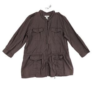 Caribbean Joe Women's XL Button Up Tunic Shirt, Brown Safari Cargo 3/4 Sleeve